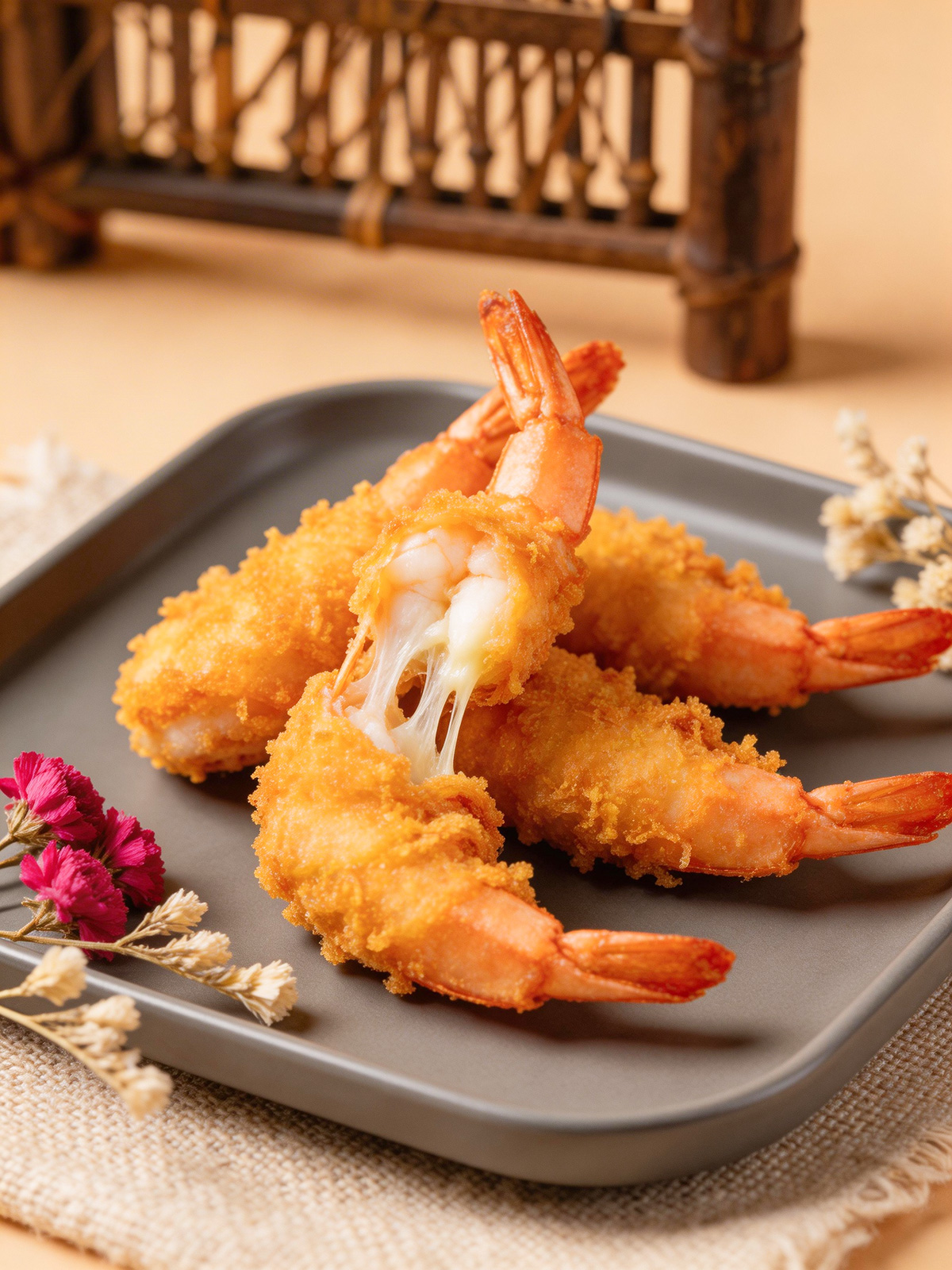 美食黃金酥脆拉絲炸蝦攝影